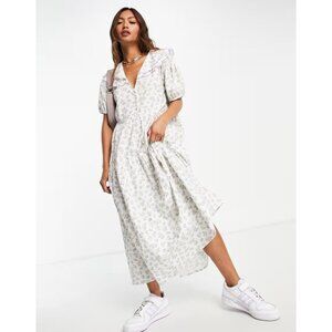 Neon Rose Puff Sleeve Embroidered Collar Dress Womens Sz 26 Ditsy Floral Prairie